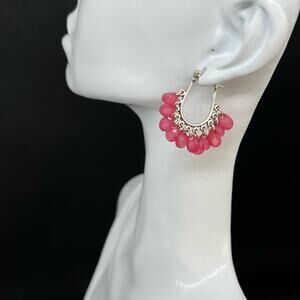 Silver Pink Bead Dangle Hoop Earrings 1.25" Long, 1.25" Wide